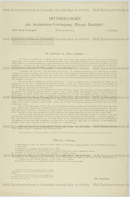 A Wiener Bauhütte 1901. júniusi indikatív referátuma